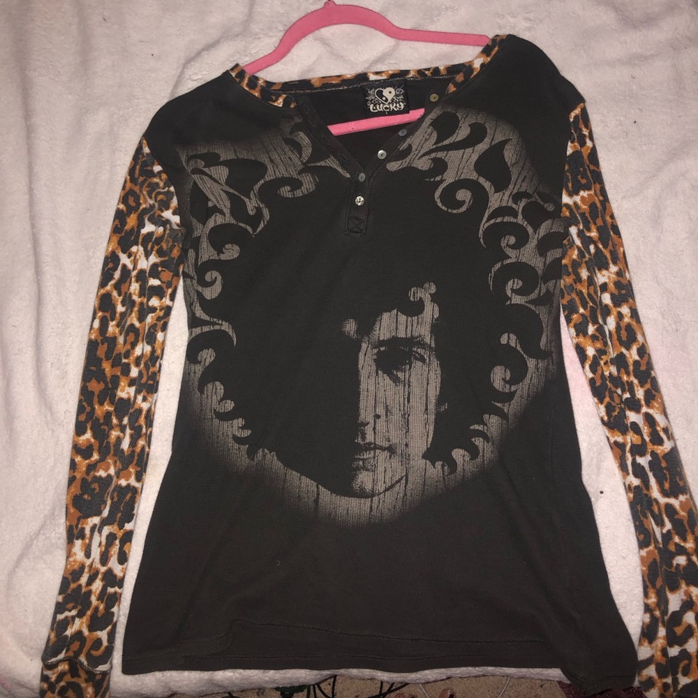 lucky brand black & brown long sleeve top animal print